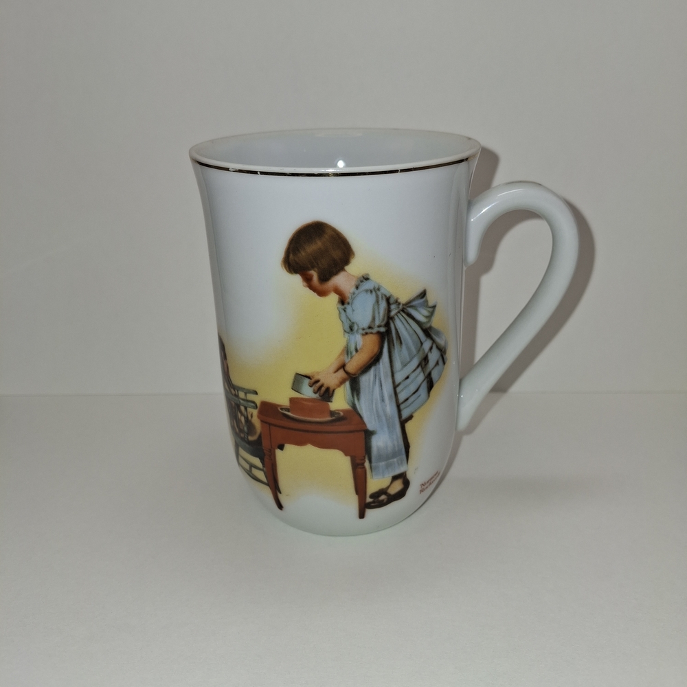 Norman Rockwell White Mug with Blue, Brown and Yellow Illustration